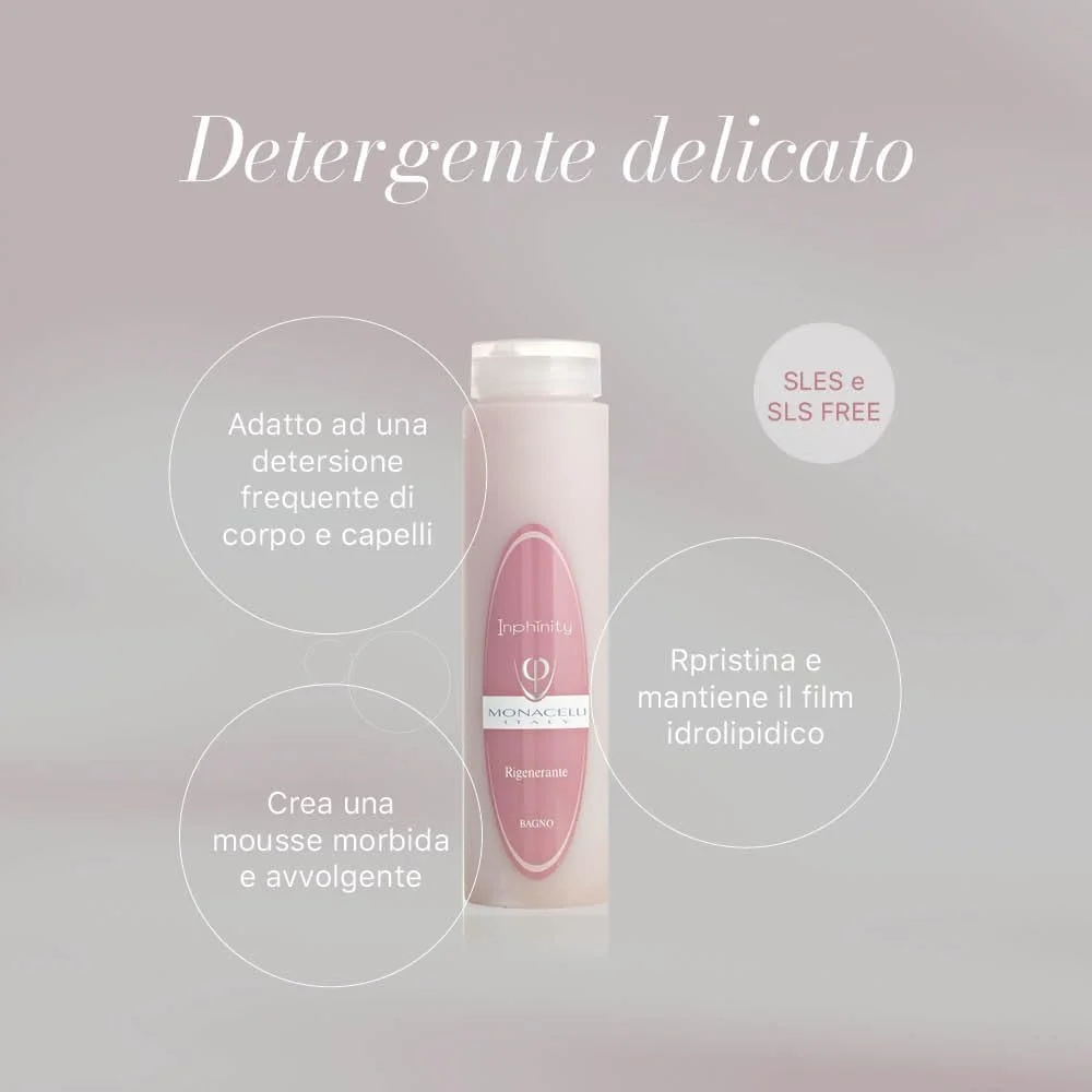 شامپو بازسازی کننده مو موناسلی اینفینیتی باگنو 200 میلی لیتر، پاک کننده ملایم و کرمی برای پوست حساس و موهای نازک و تحت درمان شیمیایی
