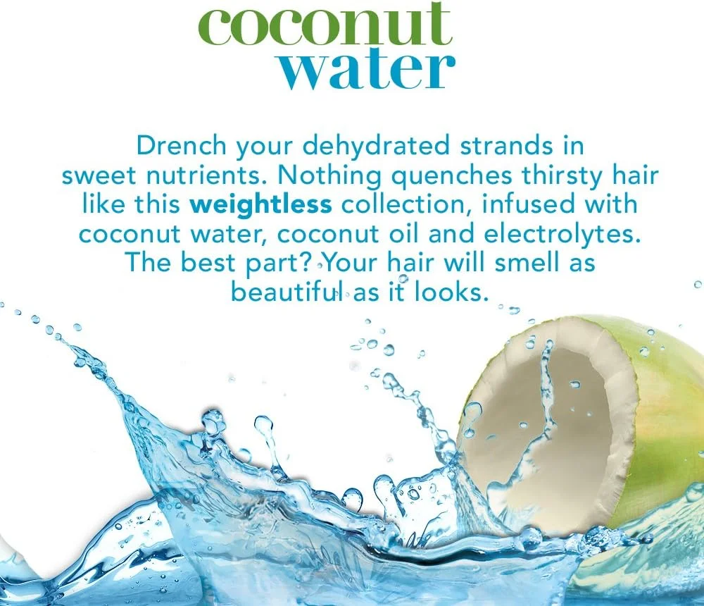 شامپو آبرسان سبک OGX با آب نارگیل، بطری 385 میلی لیتری، فرمول آبرسان سبک وزن، بدون سولفات شامپو آبرسان سبک OGX با آب نارگیل، بطری 385 میلی لیتری، فرمول آبرسان سبک وزن، بدون سولفات