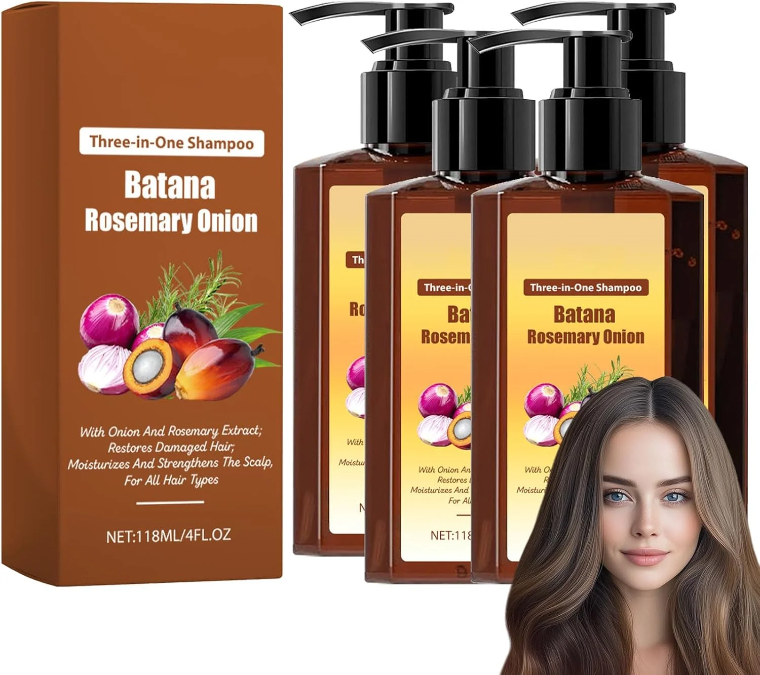 شامپو نرم کننده مغذی 3 در 1، شامپو روغن باتانا با عصاره رزماری، شامپو پیاز برای رشد مو، تقویت کننده ریشه و افزایش درخشندگی، کاهش ریزش مو، کنترل چربی و شوره سر (4 عدد)