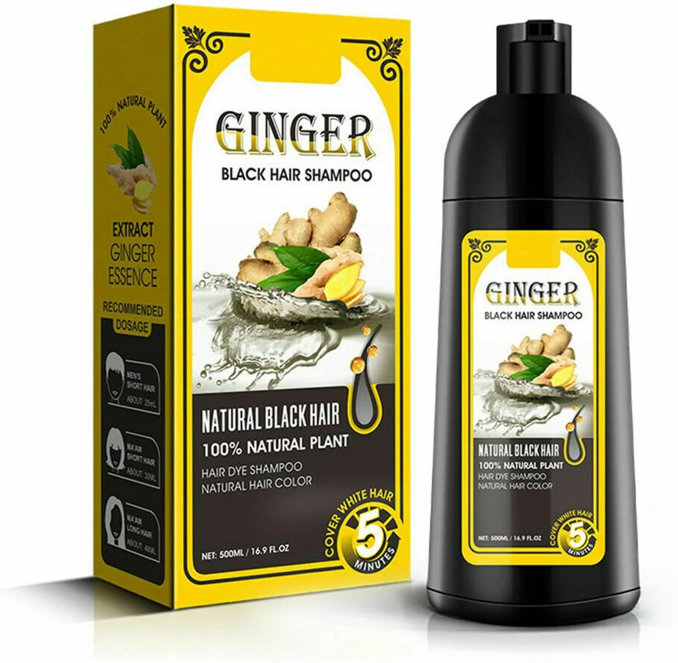 شامپو رنگ موی مشکی دائمی 500 میلی لیتری، عصاره گیاهی طبیعی رنگ موی سریع، شامپو زنجبیلی مشکی کننده مو، رنگ موی مشکی فوری با ماندگاری 30 روزه، برای پوشاندن موهای سفید و خاکستری آقایان و بانوان