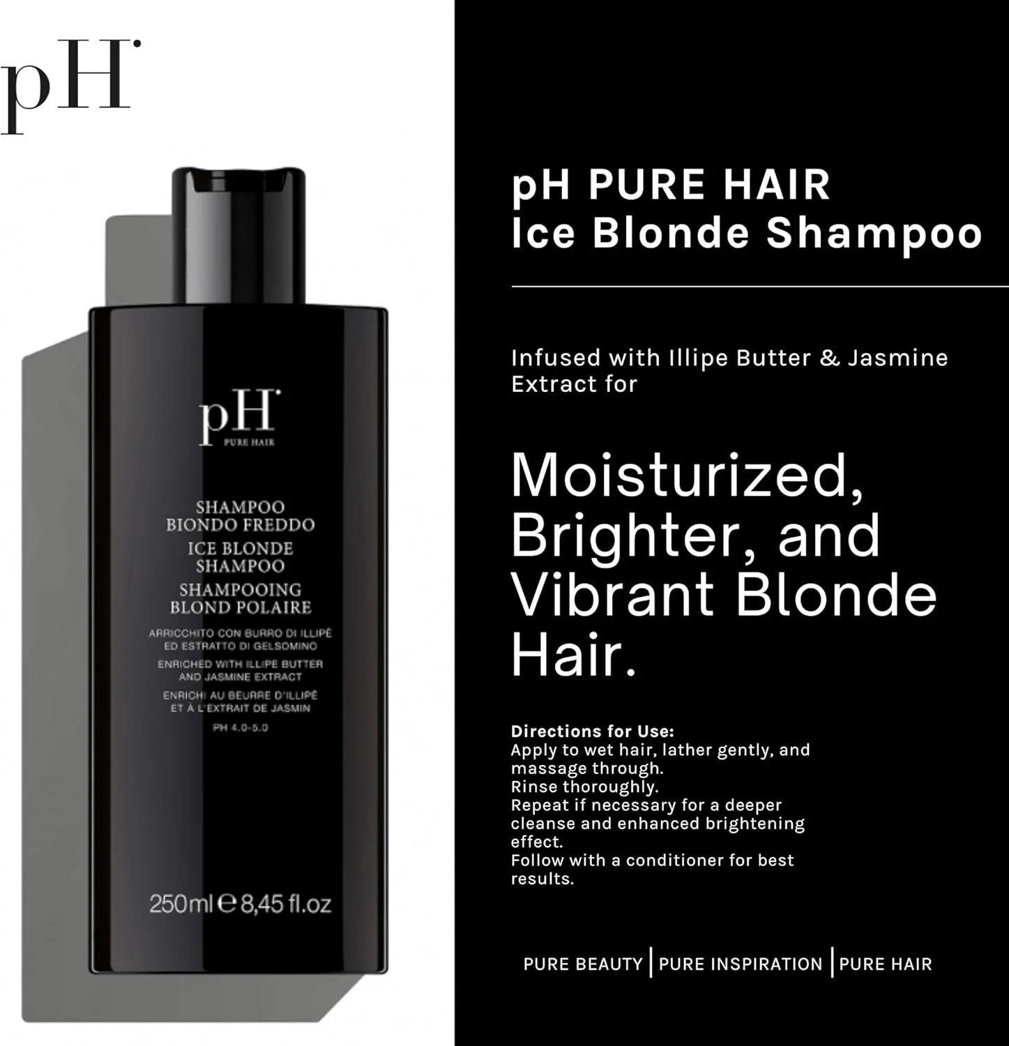 شامپو موهای بلوند یخی pH PURE HAIR Labs - درمان مرطوب کننده برای موهای بلوند طبیعی، دکلره شده و هایلایت شده، غنی شده با کره ایلیپ و عصاره گل یاس (250 میلی لیتر)