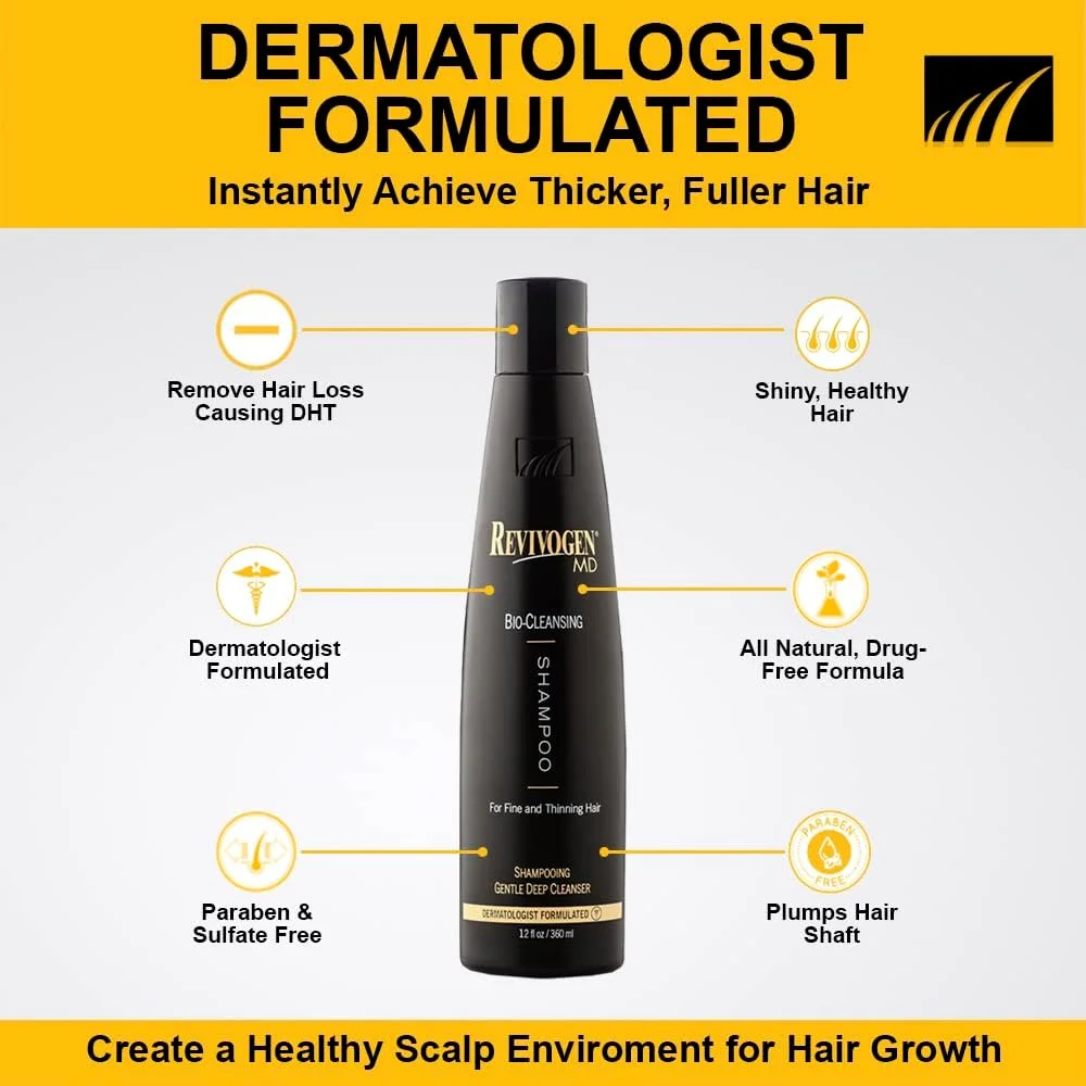شامپو پاک کننده ملایم Revivogen MD برای موهای نازک و کم پشت حاوی مسدود کننده DHT، جلوگیری از ریزش مو و تسکین دهنده پوست سر برای آقایان و بانوان، 360 میلی لیتر