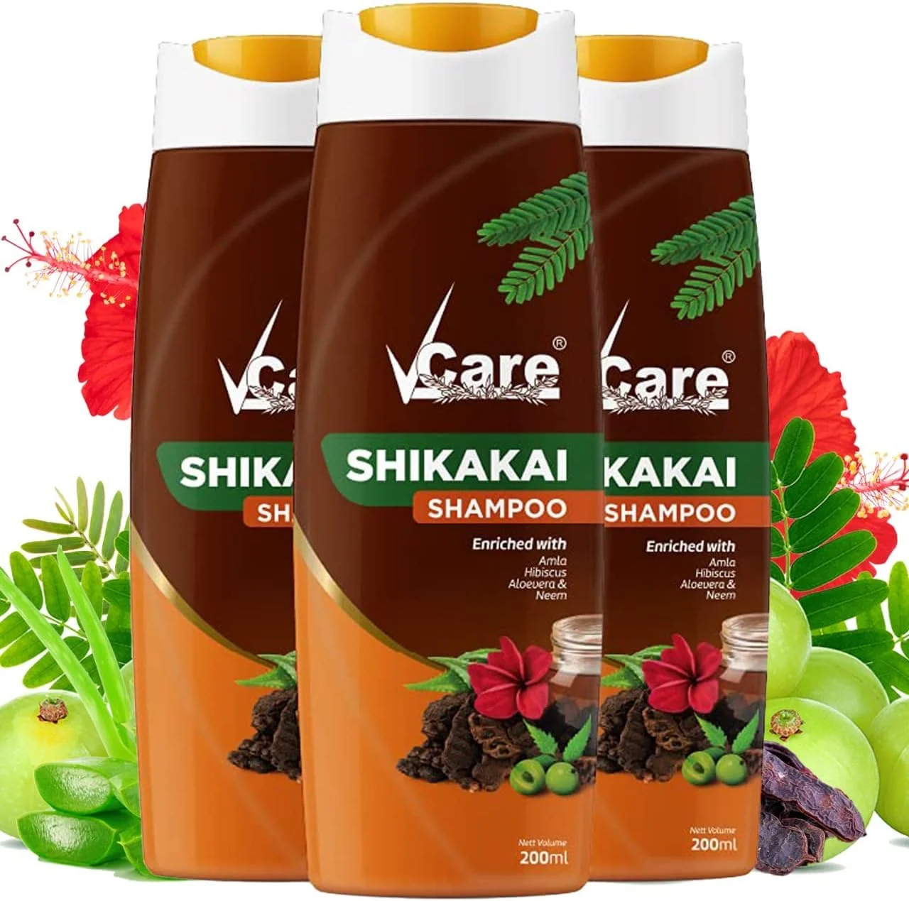 شامپو شیکاکای VCare با خواص آلوئه ورا و چریش، آملا، گل بامیه، شیکاکای برای موهای قوی و سالم، برای آقایان و بانوان - 200 میلی لیتر (بسته 3 عددی)