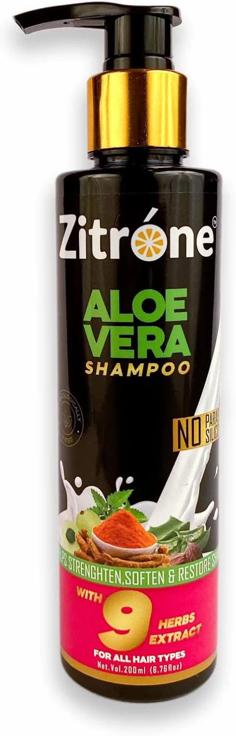 شامپو آلوئه ورا زیترون با عصاره 9 گیاه، 200 میلی لیتر - بدون پارابن، بدون سیلیکون، ترمیم کننده موهای خشک و آسیب دیده، شامپو تقویت کننده برای موهای صاف و قوی - شامپو ملایم روزانه برای آقایان و بانوان