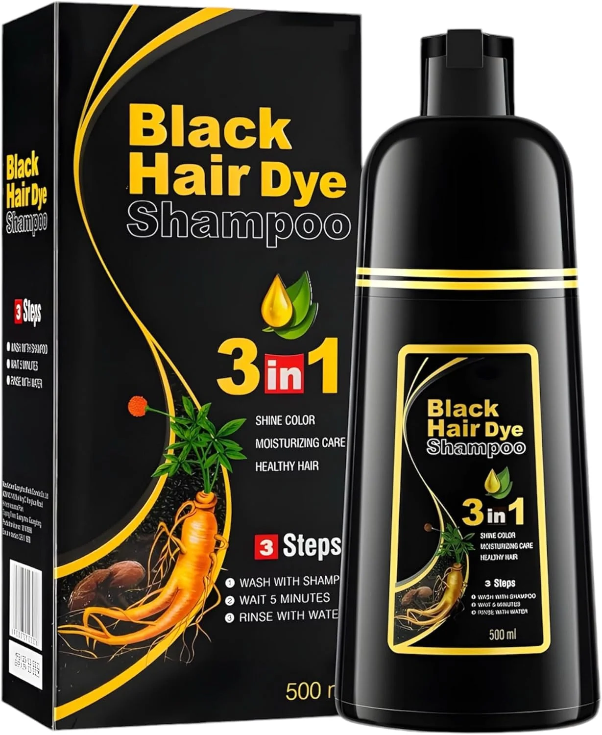 شامپو رنگ موی مشکی زاک بیوتی برای آقایان و بانوان، شامپو رنگ موی فوری پوشش 100% موهای سفید، رنگ آسان، سریع و ماندگار، رنگ موی مشکی 3 در 1، 500 میلی لیتر