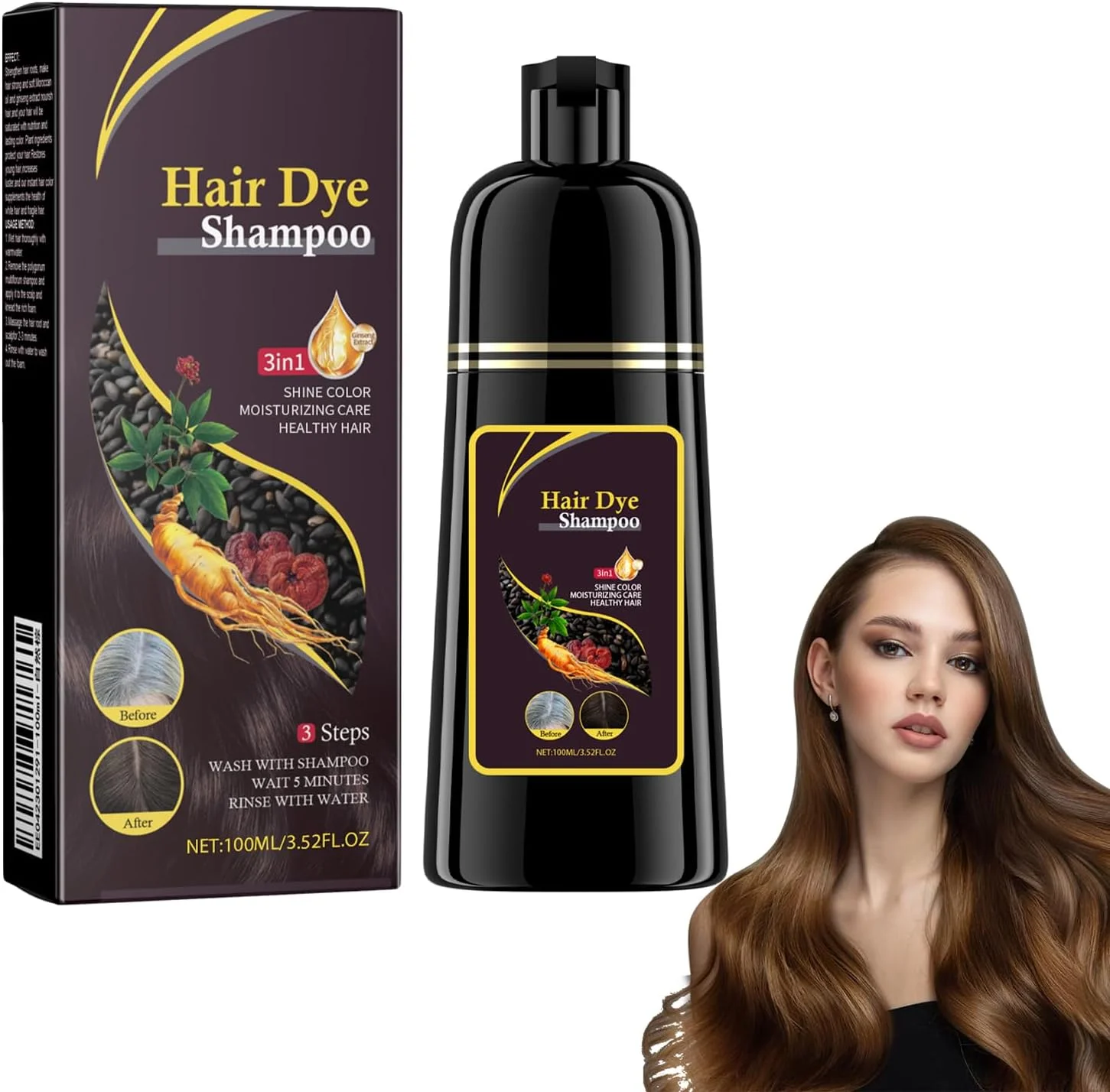 شامپو رنگ مو فوری زینک‌پی مدل 3 در 1، شامپو رنگ مو قهوه‌ای تیره برای زنان و مردان، آسان و سریع، طبیعی، پوشش 100% موهای سفید، رنگ موی ماندگار