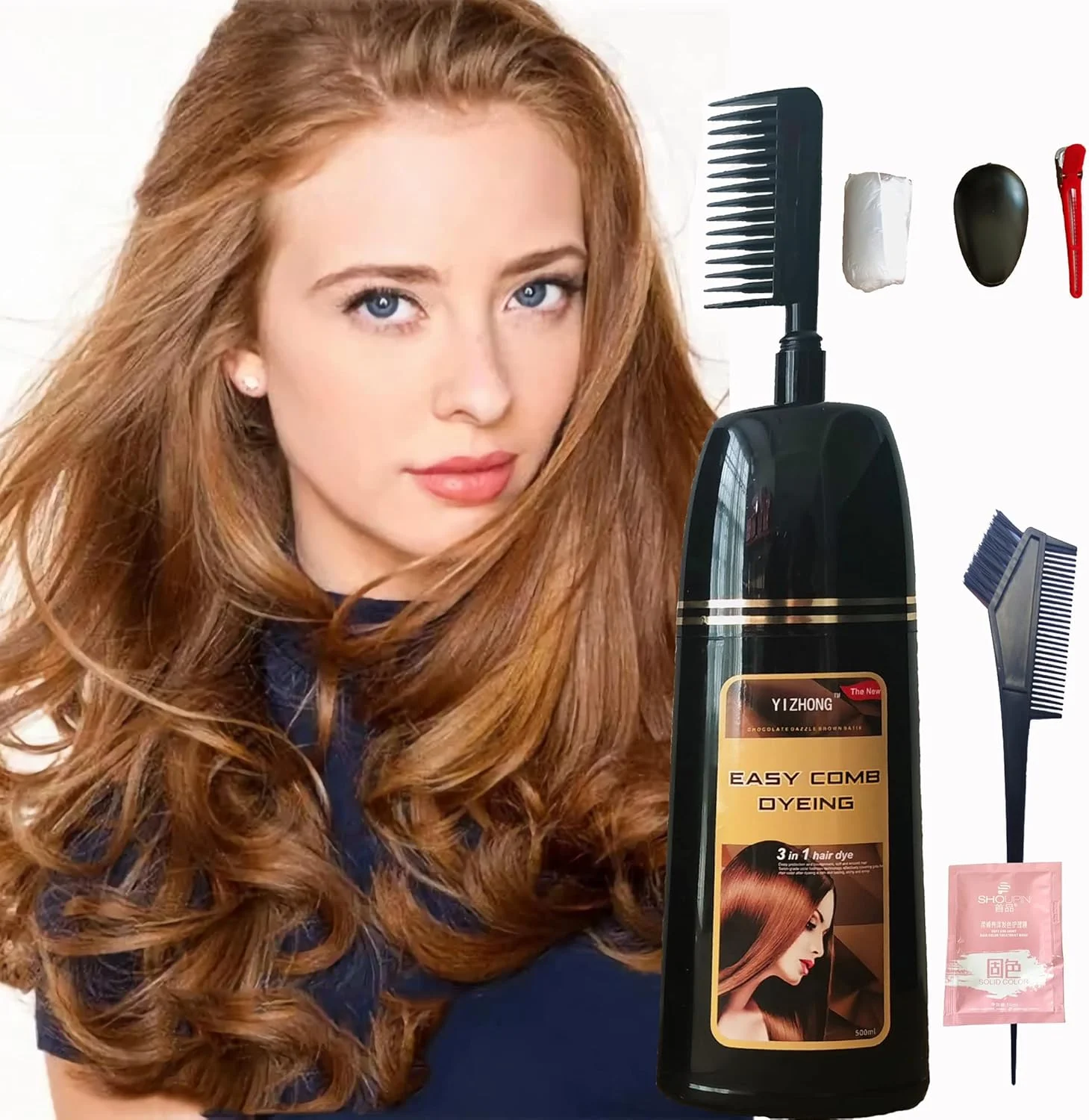شامپو رنگ مو قهوه ای YIZHONG، رنگ مو قهوه ای روشن طلایی برای پوشش موهای سفید، شامپو رنگ مو دائمی برای زنان و مردان، رنگرزی آسان با شانه