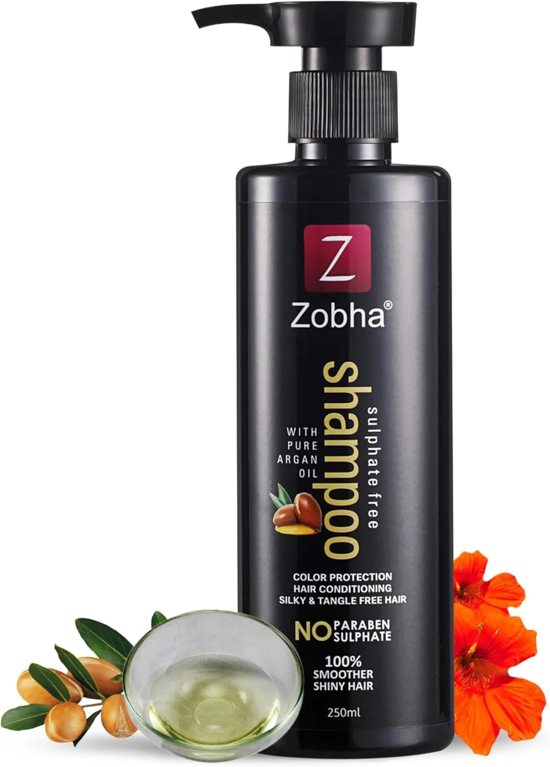 شامپو بدون سولفات زوبا حاوی روغن آرگان خالص برای محافظت از رنگ مو، موهای صاف و ابریشمی و بدون گره - 250 میلی لیتر