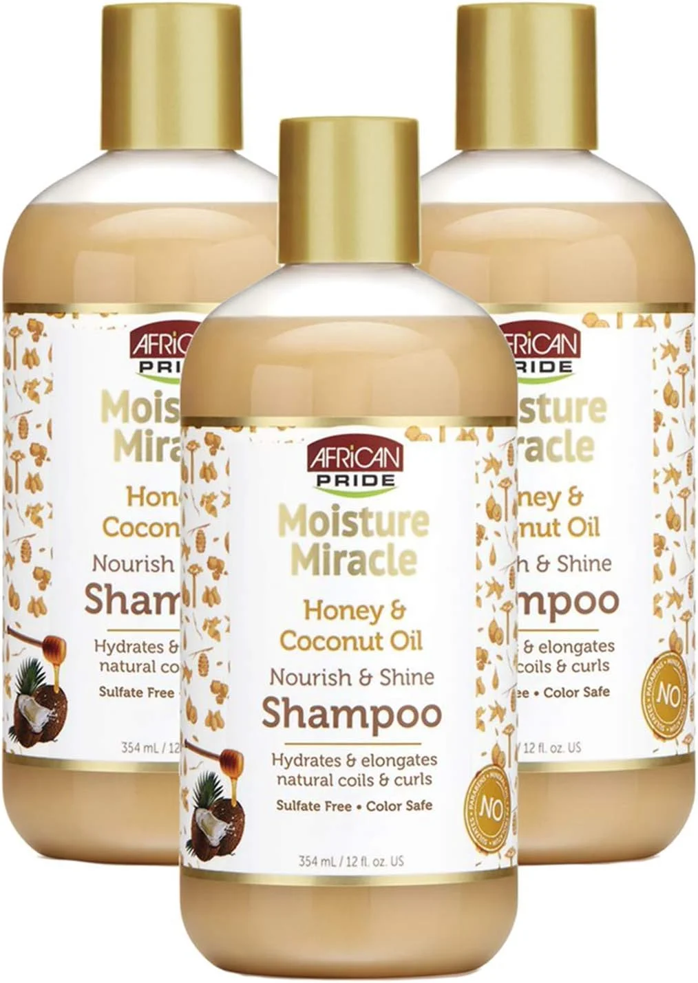 شامپو روغن نارگیل و عسل African Pride Moisture Miracle (بسته 3 عددی) - برای فر و مجعد کردن طبیعی مو، تغذیه کننده و درخشان کننده. 355 میلی لیتر