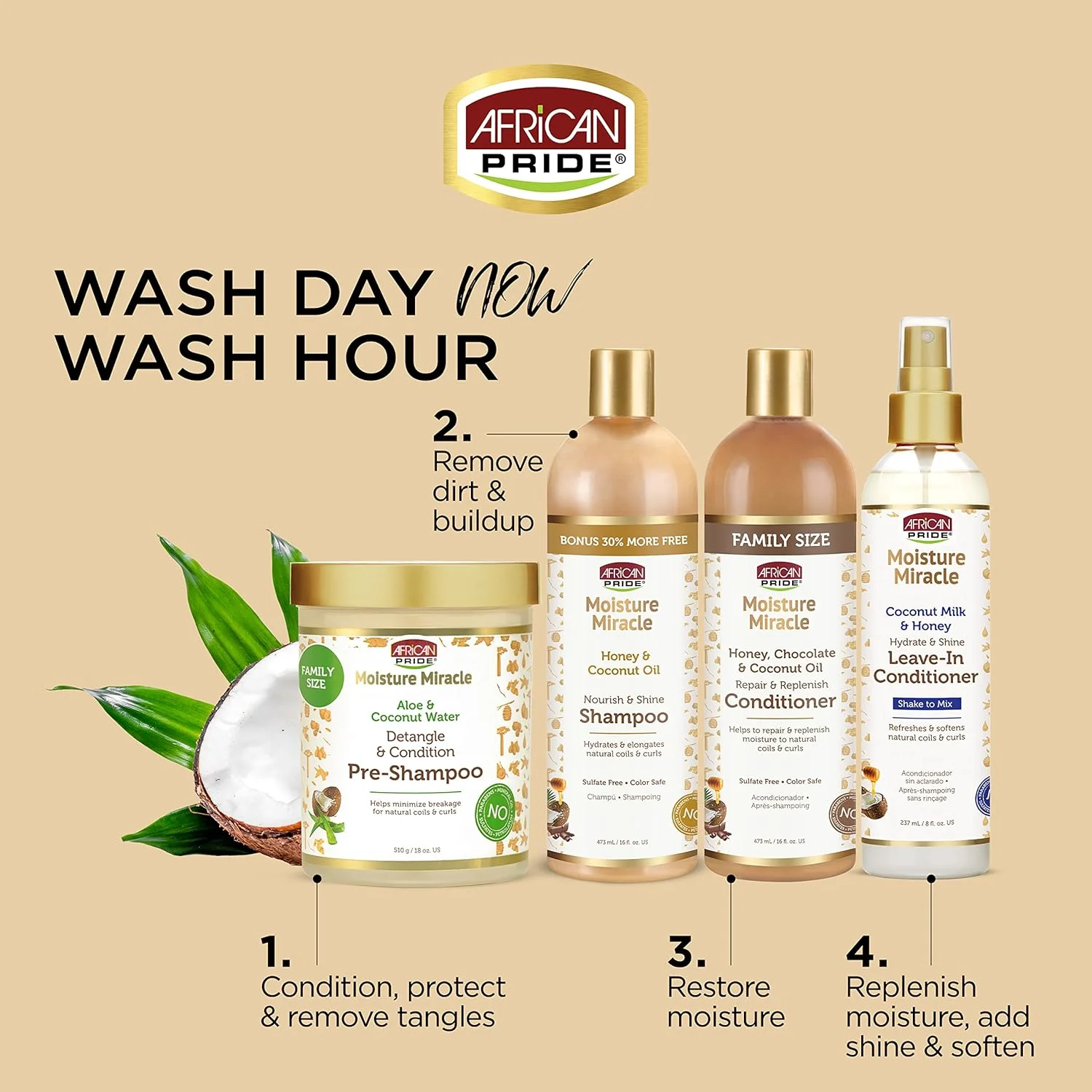 شامپو روغن نارگیل و عسل African Pride Moisture Miracle (بسته 3 عددی) - برای فر و مجعد کردن طبیعی مو، تغذیه کننده و درخشان کننده. 355 میلی لیتر