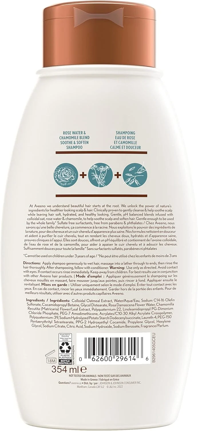 شامپو گلاب و بابونه Aveeno برای موهای خشک، آبرسان، 354 میلی لیتر