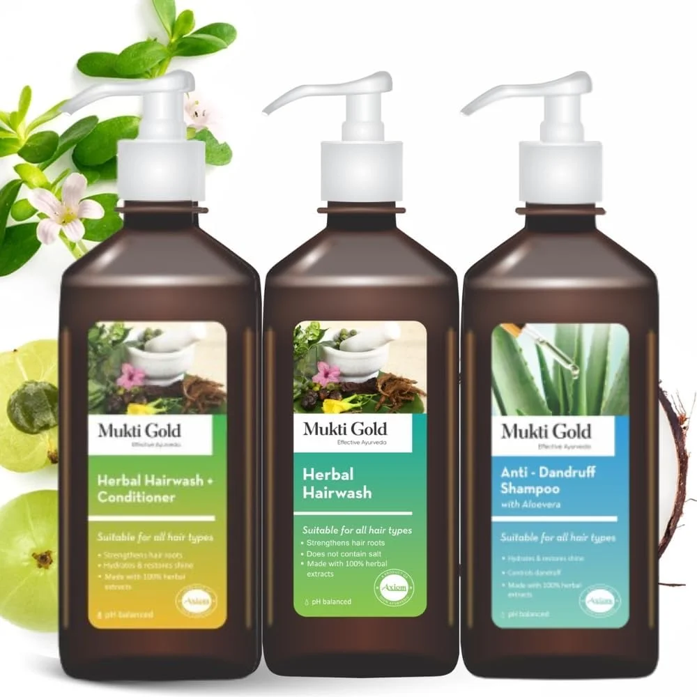 شامپو ترکیبی جدید Axiom Mukti Gold | شامپو گیاهی (400 میلی لیتر) + شامپو ضد شوره (400 میلی لیتر) + شامپو نرم کننده (400 میلی لیتر) | ساخته شده با عصاره های گیاهی | دارای گواهینامه Who Gmp Glp