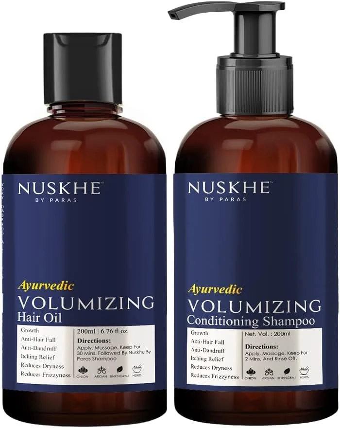 مجموعه ضد ریزش مو Nuskhe by Paras - شامپو نرم کننده حجم دهنده آیورودا + روغن مو حجم دهنده آیورودا برای آقایان و بانوان، خشکی، ترمیم موهای آسیب دیده و ضد وز - 200 میلی لیتر