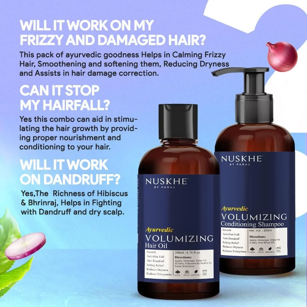 مجموعه ضد ریزش مو Nuskhe by Paras - شامپو نرم کننده حجم دهنده آیورودا + روغن مو حجم دهنده آیورودا برای آقایان و بانوان، خشکی، ترمیم موهای آسیب دیده و ضد وز - 200 میلی لیتر