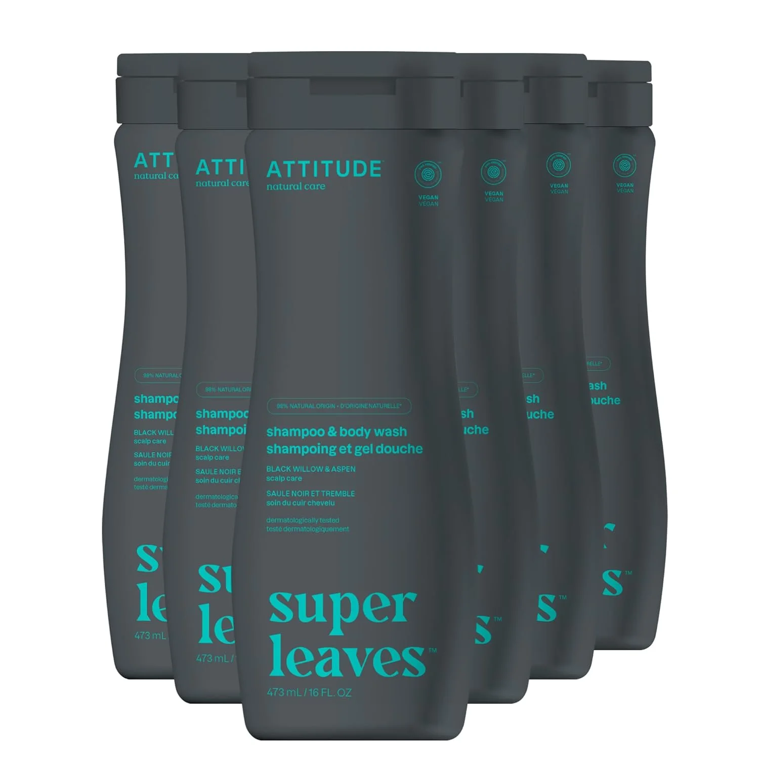شامپو و ژل شستشوی بدن 2 در 1 ATTITUDE، تایید شده توسط EWG، بر پایه گیاهان و مواد معدنی، محصولات مراقبت شخصی وگان، بید سیاه و آسپن، 473 میلی لیتر (بسته 6 عددی)