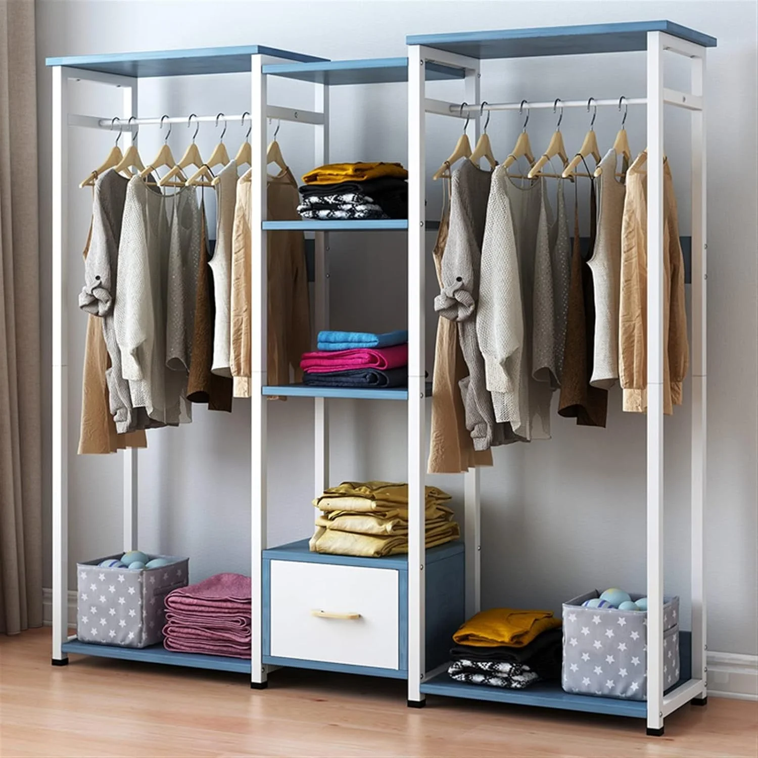 کمد لباس اسکایرا، رخت آویز ایستاده فلزی عمودی با قفسه و کشو، مناسب اتاق خواب