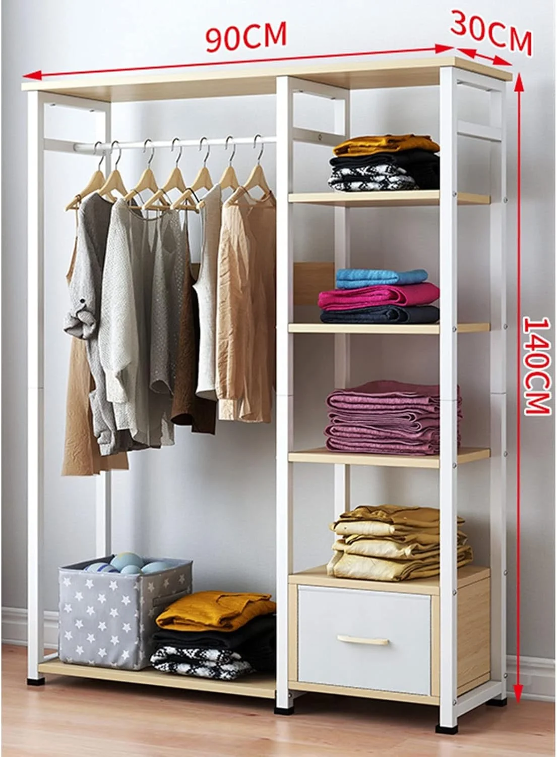 کمد لباس اسکایرا، رخت آویز ایستاده فلزی عمودی با قفسه و کشو، مناسب اتاق خواب