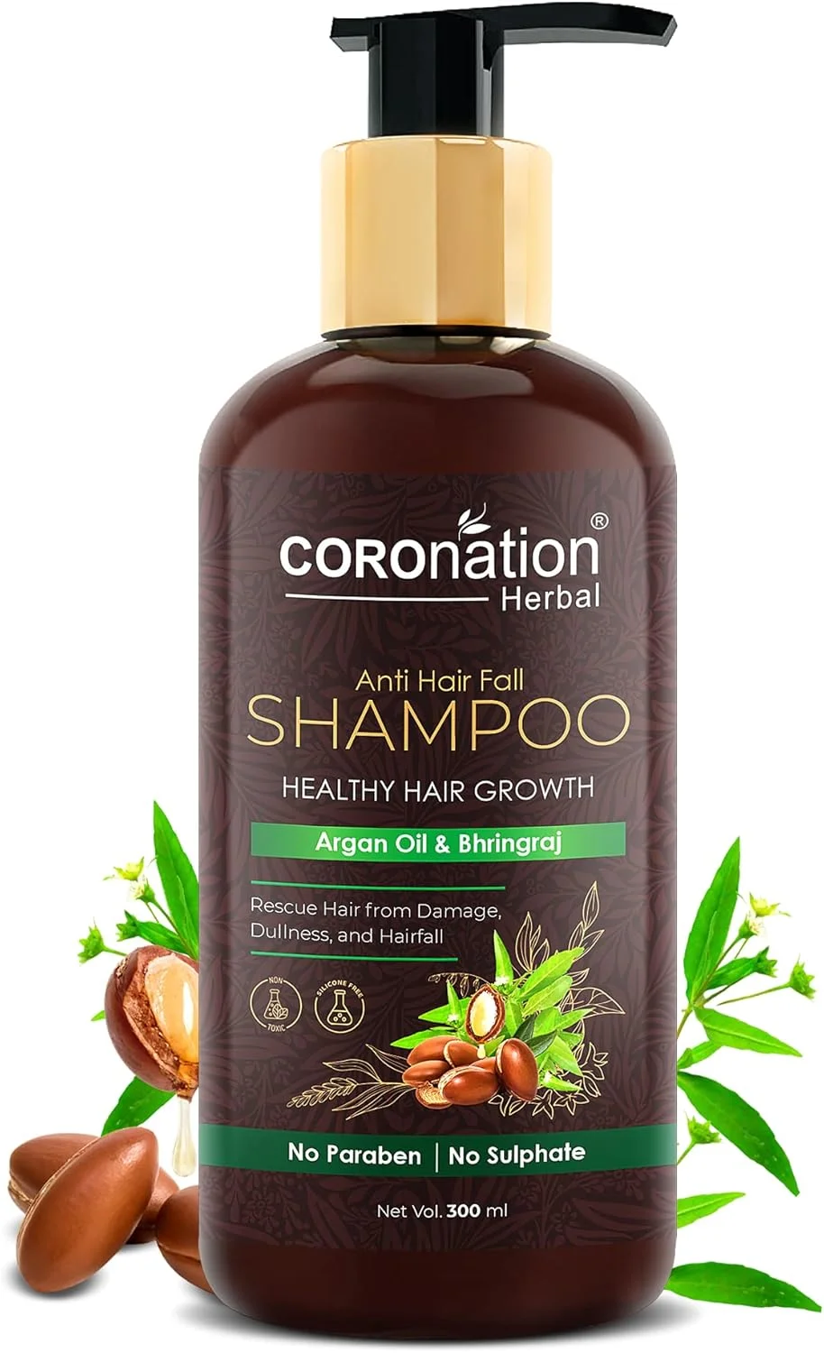 شامپو گیاهی ضد ریزش مو COROnation با روغن آرگان و برینگراج | کاهش ریزش مو | تقویت موهای ضعیف و شکننده و پاک کننده پوست سر | بهبود بافت، سلامت و تراکم مو