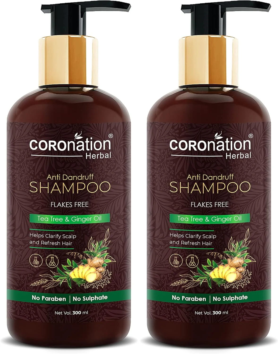 شامپو ضد شوره گیاهی زنانه و مردانه کورونیشن با روغن درخت چای و زنجبیل - 300 میلی لیتر X 2 (بسته 2 عددی)