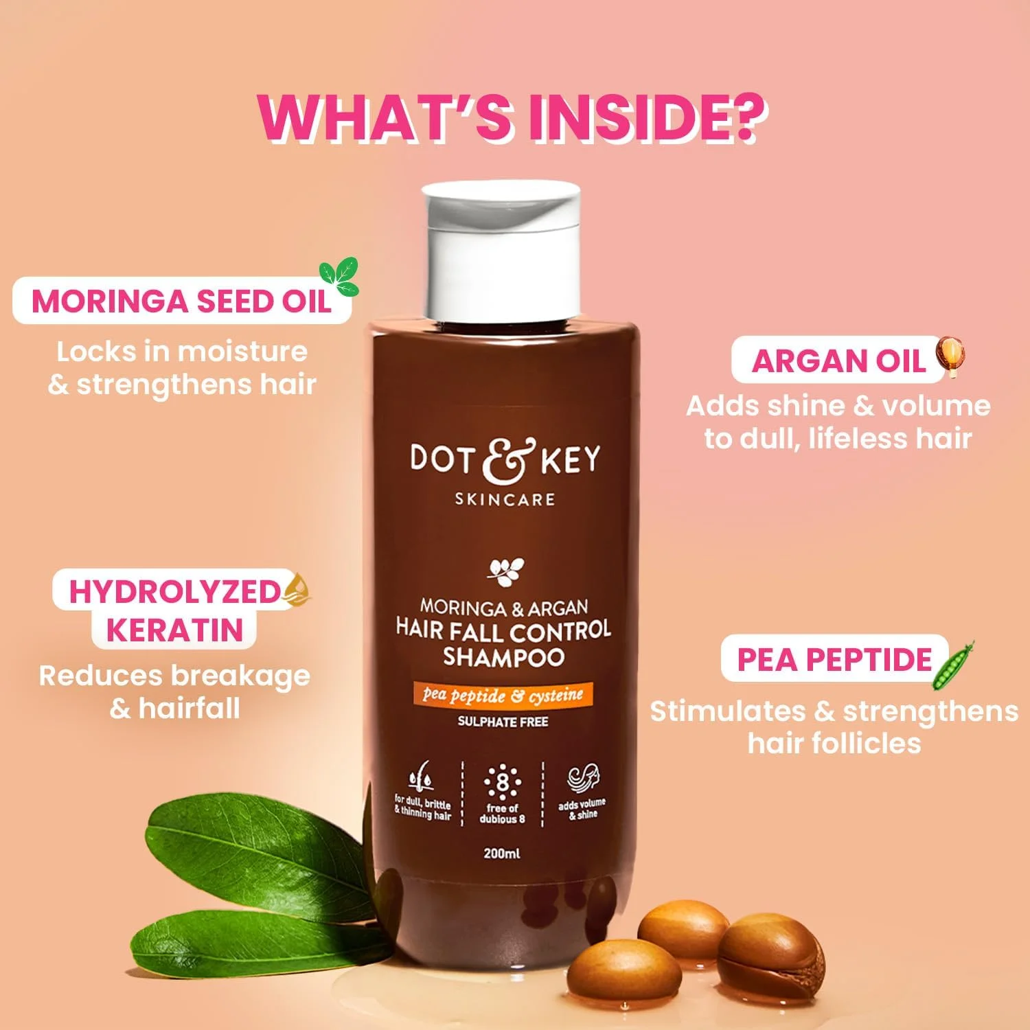 شامپو کنترل ریزش مو دات اند کی حاوی مورینگا و آرگان، پپتید نخود و سیستئین | بدون سولفات و پارابن | مناسب موهای کدر و نازک | 200 میلی لیتر