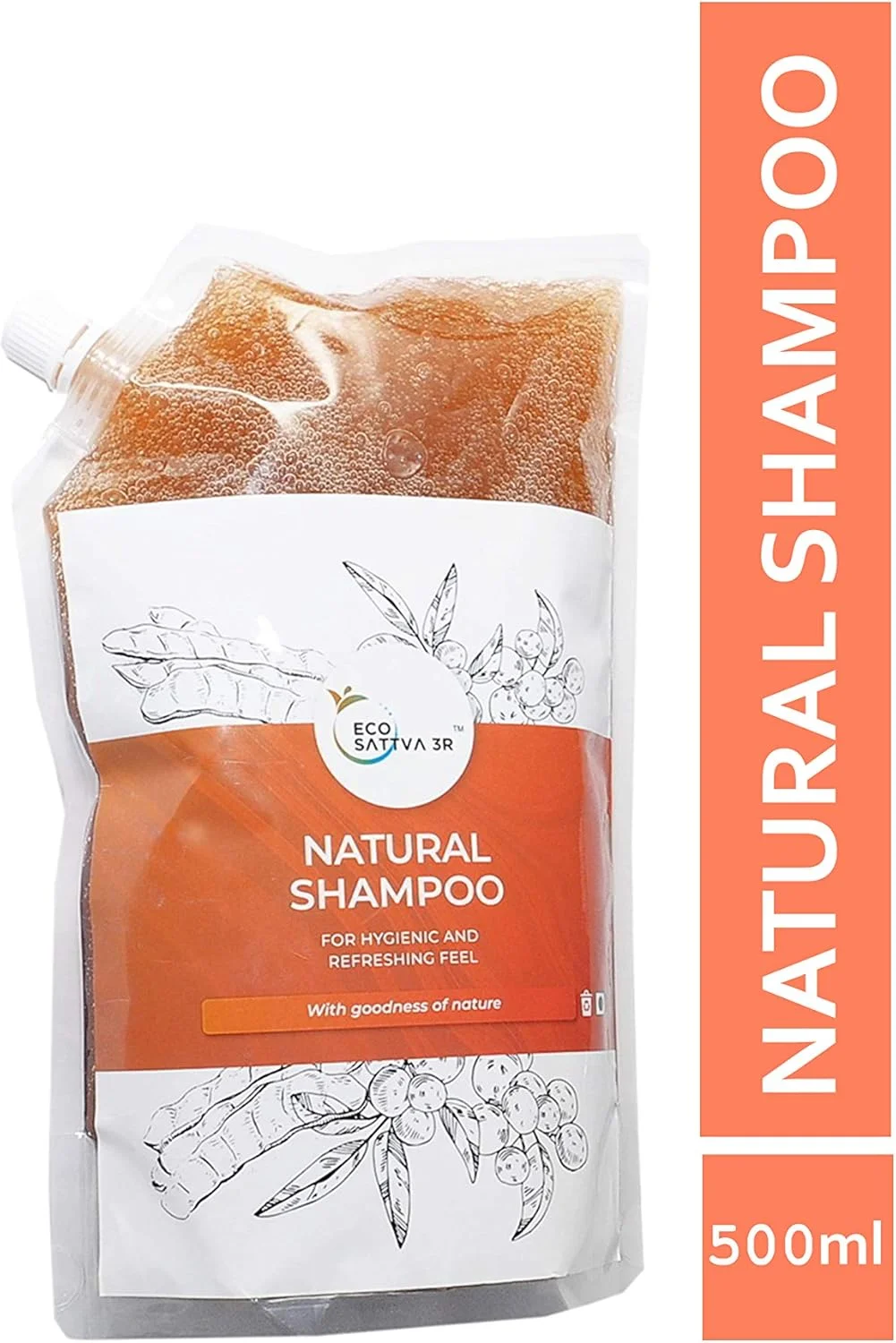 شامپو طبیعی اکوساتوا 3R، حاوی عصاره‌ی طبیعی فندق صابونی و شیکاکای، فرمولاسیون کم کف، شامپو بدون مواد شیمیایی، 500 میلی لیتر