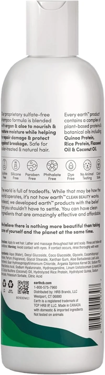 شامپو ترمیم کننده و مرطوب کننده مو Earth - شامپو مرطوب کننده با آرگان و آلوئه ورا - ترمیم کننده آسیب دیدگی و رطوبت رسان - مناسب برای موهای رنگ شده - 355 میلی لیتر