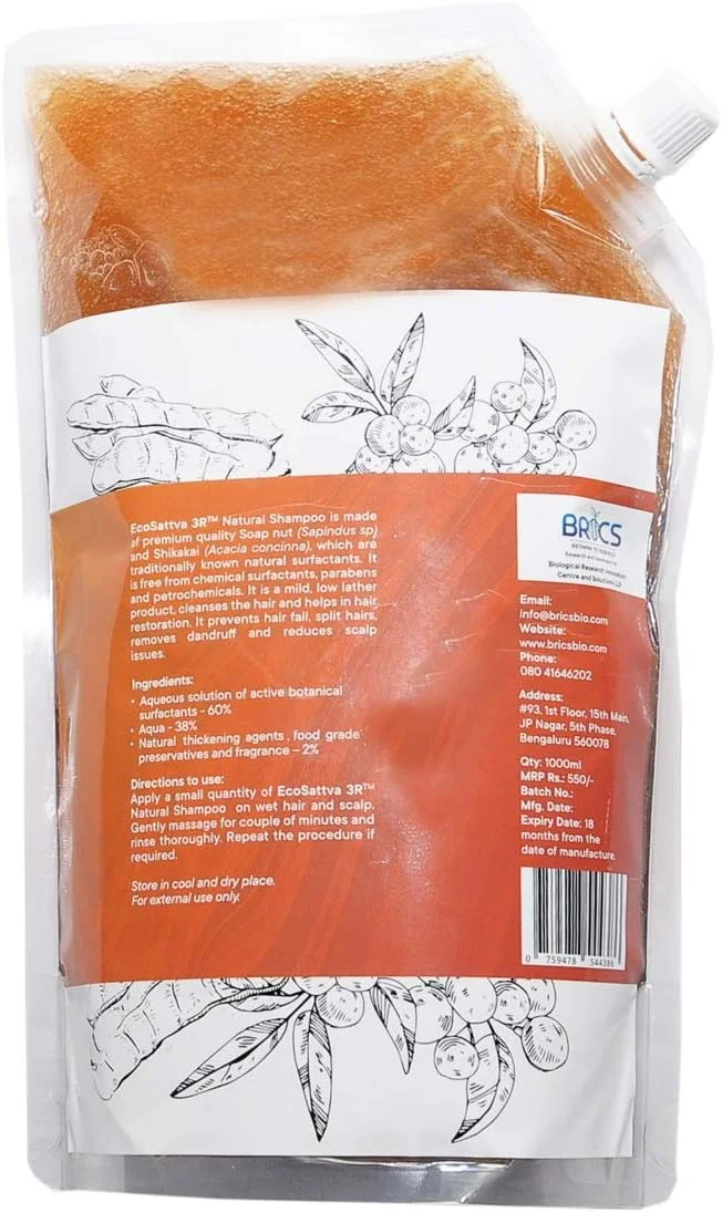 شامپو طبیعی اکوساتوا 3R استخراج شده از گیاهان سوپ نات و شیکاکای با فرمولاسیون کم کف (1 لیتر)