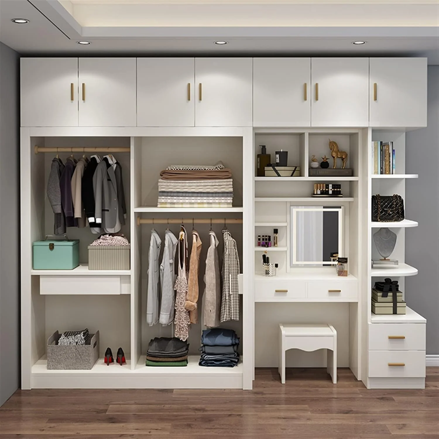 کمد لباس اسکیپی، کمد لباس درب کشویی، کمد لباس سفید، اتاق خواب به سبک نوردیک، میز آرایش و کمد متصل