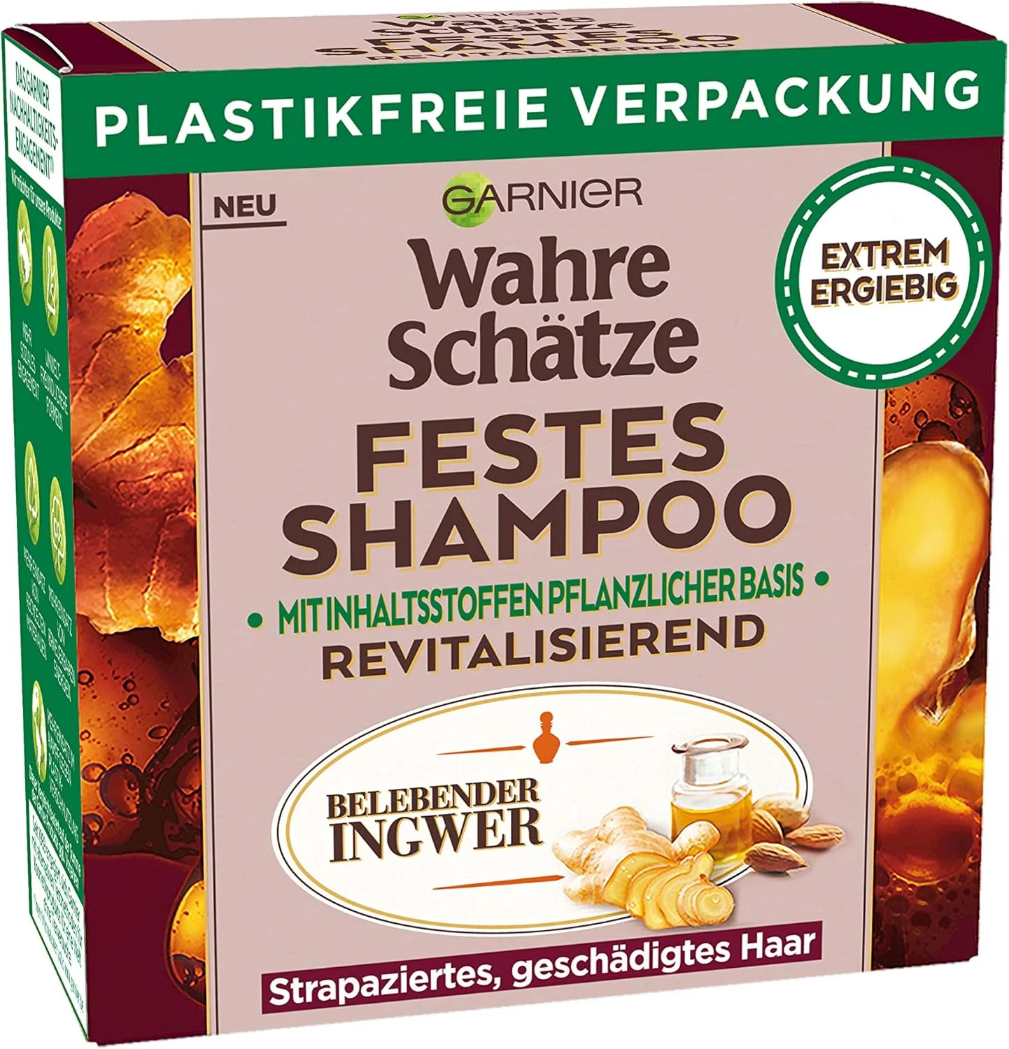 شامپو جامد زنجبیل انرژی بخش Garnier True Treasures، حاوی زنجبیل ارگانیک، احیا کننده موهای آسیب دیده، فرمول زیست تخریب پذیر، وگان، بسته 1 عددی