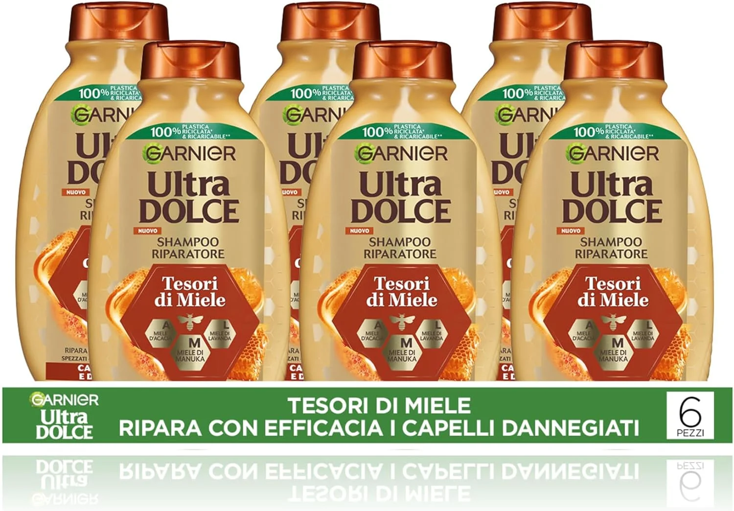 شامپو ترمیم کننده موهای آسیب دیده گارنیه Ultra Sweet Honey Treasures، بسته 6 عددی، با منشاء 94% طبیعی، بدون سیلیکون، 300 میلی لیتر