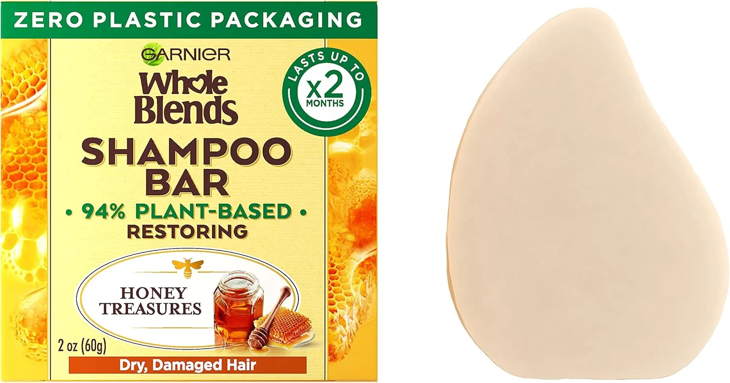 شامپو بار ترمیم کننده موهای خشک و آسیب دیده Garnier Whole Blends Honey Treasures، بسته بندی بدون پلاستیک، فاقد مواد نگهدارنده، سیلیکون، صابون و رنگ، حاوی عسل و موم زنبور عسل با منشاء پایدار، 2 اونس