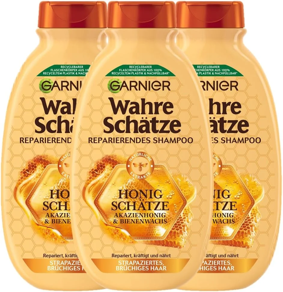 شامپو ترمیم کننده مو گارنیه مدل True Treasures با عصاره عسل، تقویت کننده و مغذی موهای آسیب دیده و شکننده، 3 عدد 250 میلی لیتر