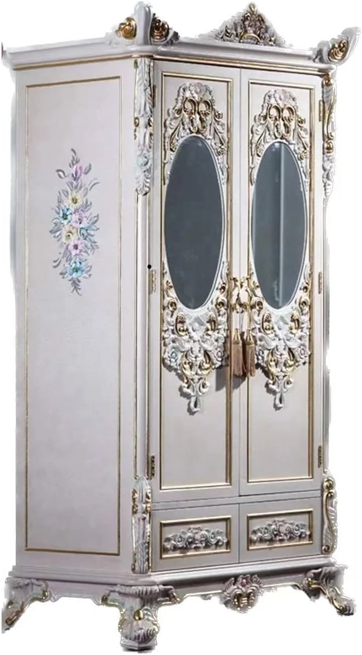 SEMOOR Wardrobe Furniture Solid Wood Carved White Wardrobe Two Door Wardrobe