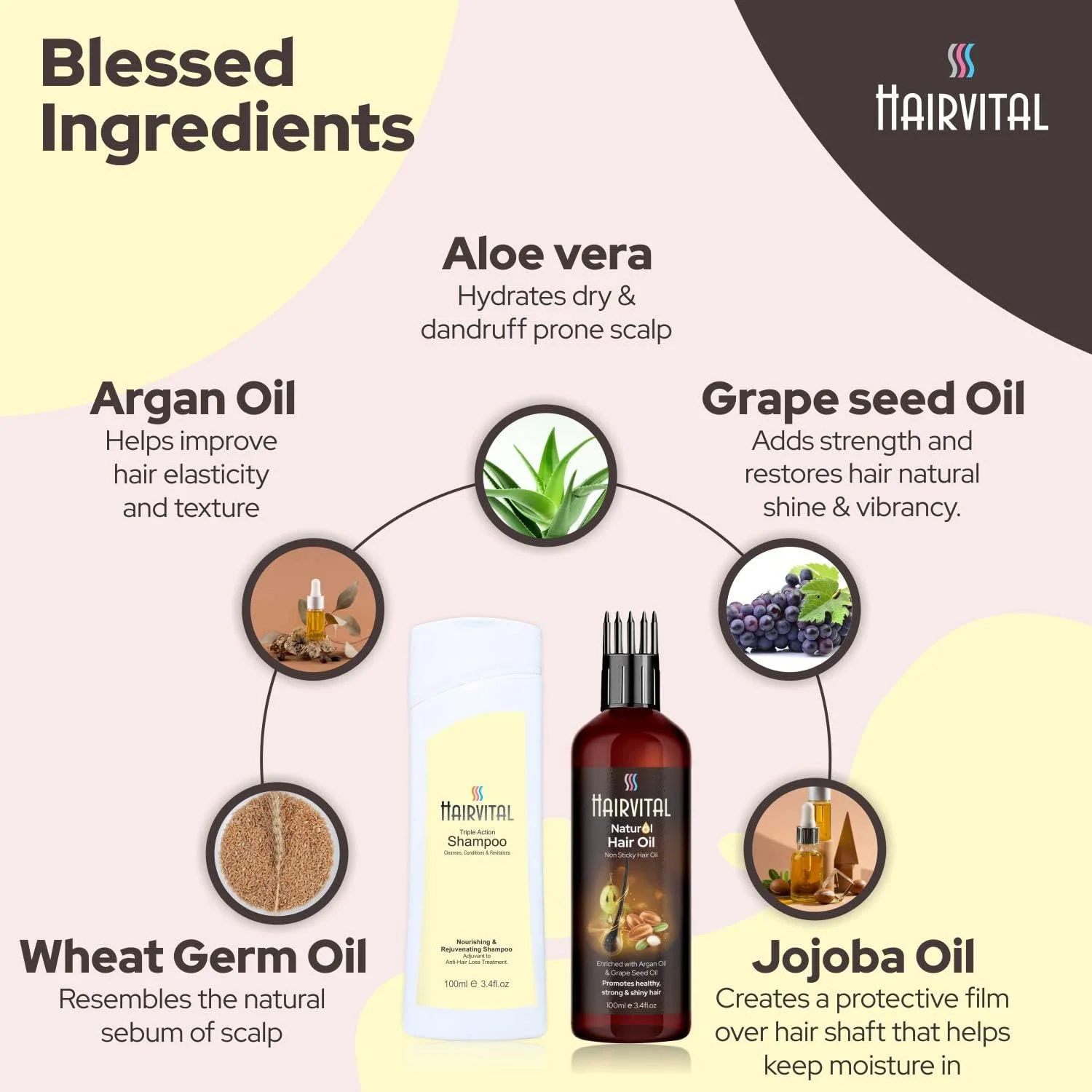 شامپو احیا کننده هیرویتال و روغن موی طبیعی، ترکیبی برای مراقبت از مو با آلوئه ورا، روغن جوجوبا، روغن آرگان و روغن هسته انگور، آسیب مو را به حداقل می رساند و به موهای کدر، خشک و وز درخشش می بخشد