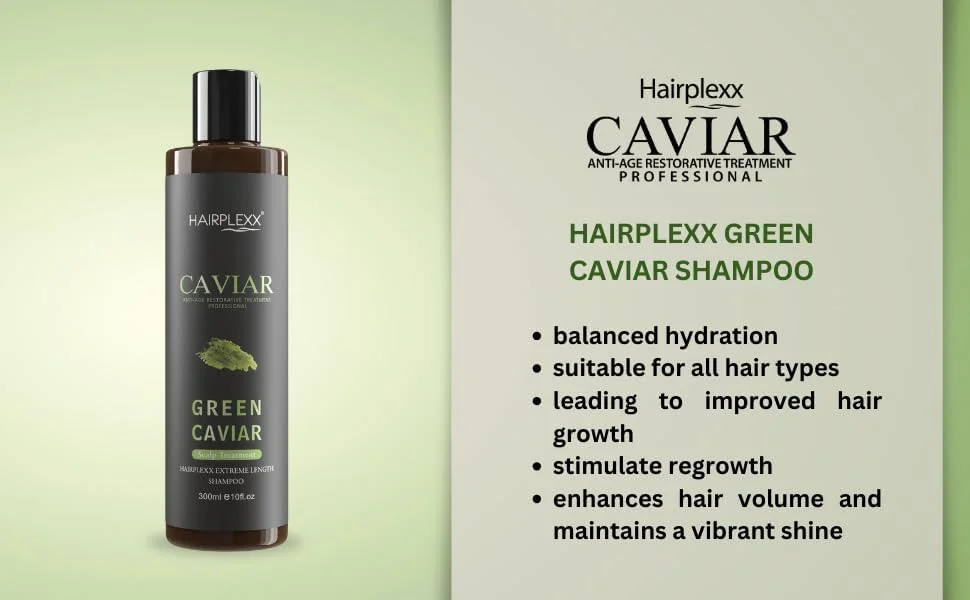 شامپو سبز حرفه ای ترمیم کننده و ضد پیری خاویار هیرپلکس 300 میلی لیتر l افزایش طول مو l رشد مو l جلوگیری از شکستگی l رشد قوی تر و بلندتر