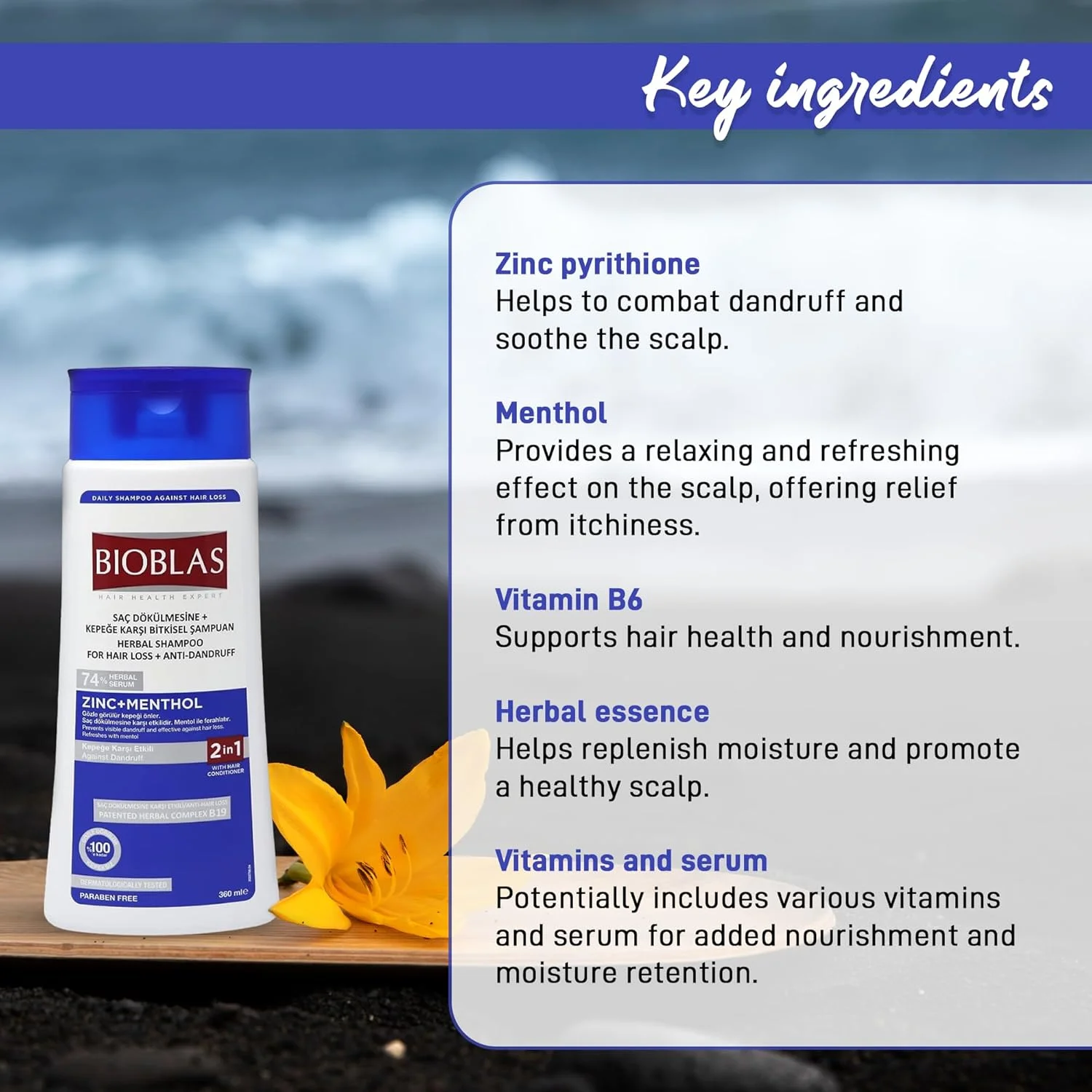 شامپو مو زینک و منتول Bioblas HALLEY - شامپو پاک کننده ضد شوره و ضد ریزش مو - شامپو نعناع تازه برای ریزش مو و تسکین پوست سر - بدون عطر، غنی از ویتامین ها - مناسب برای انواع مو