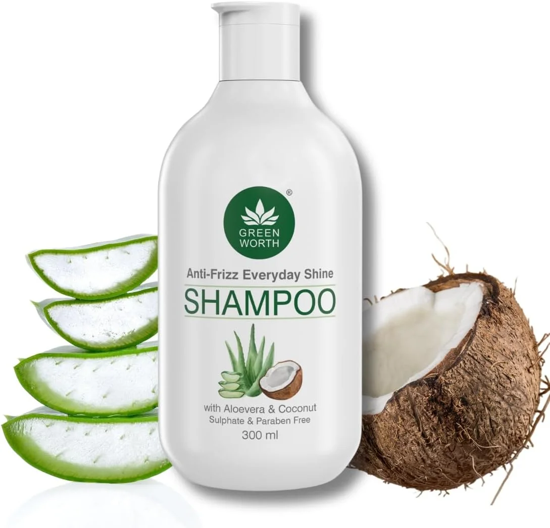 شامپو ضد وز و درخشان کننده موی روزانه گرین ورث مناسب موهای خشک، آسیب دیده و نازک | بدون سولفات و پارابن | حاوی آلوئه ورا و نارگیل | مناسب آقایان و بانوان | روغن اسانسی اسطوخودوس و وانیل | 300 میلی لیتر