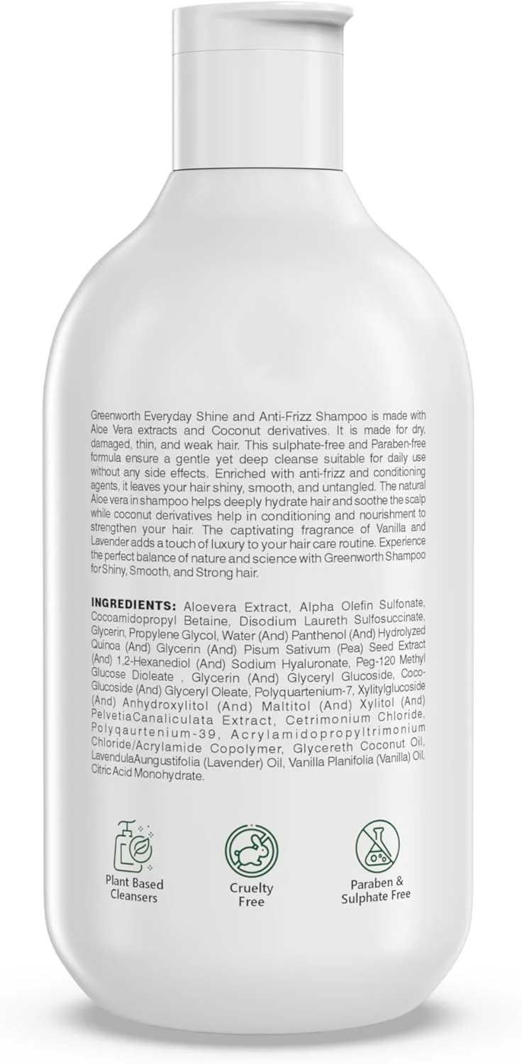 شامپو ضد وز و درخشان کننده موی روزانه گرین ورث مناسب موهای خشک، آسیب دیده و نازک | بدون سولفات و پارابن | حاوی آلوئه ورا و نارگیل | مناسب آقایان و بانوان | روغن اسانسی اسطوخودوس و وانیل | 300 میلی لیتر