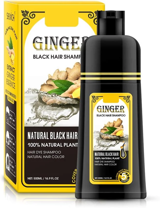 شامپو زنجبیلی مشکی کننده مو Gowwim، شامپو رنگ مو نیمه دائمی، رنگ موی مشکی فوری با ماندگاری 30 روزه، اتمام در 5 دقیقه، 500 میلی لیتر (رایحه زنجبیل)