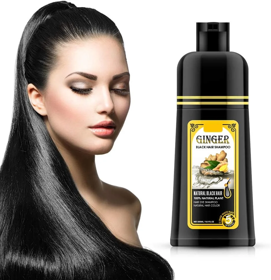 شامپو زنجبیلی مشکی کننده مو Gowwim، شامپو رنگ مو نیمه دائمی، رنگ موی مشکی فوری با ماندگاری 30 روزه، اتمام در 5 دقیقه، 500 میلی لیتر (رایحه زنجبیل)