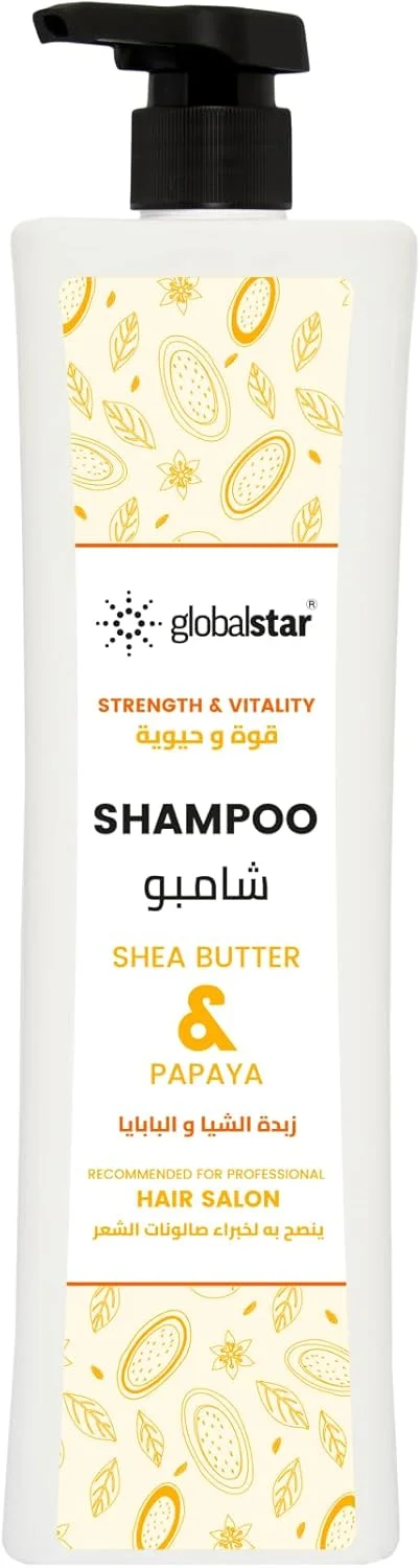 شامپو مو گلوبال استار 1000 میلی لیتر - مغذی و مرطوب کننده برای موهای قوی تر و سالم تر | روغن کاکائو و کرچک، روغن درخت چای و نعناع، کره شی و پاپایا، روغن آرگان و بادام (کره شی و پاپایا)