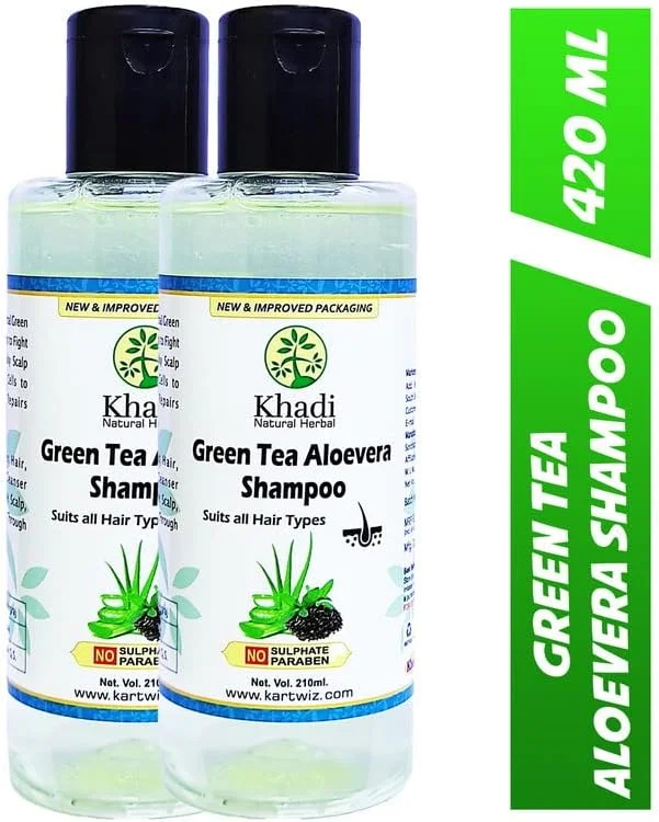 شامپو چای سبز و آلوئه ورا گیاهی Kartwiz برای رشد مو | ترمیم موهای آسیب دیده | موهای براق و قوی | بسته 2 عددی 210 میلی لیتری