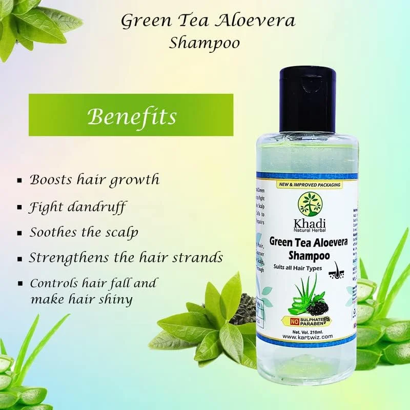 شامپو چای سبز و آلوئه ورا گیاهی Kartwiz برای رشد مو | ترمیم موهای آسیب دیده | موهای براق و قوی | بسته 2 عددی 210 میلی لیتری