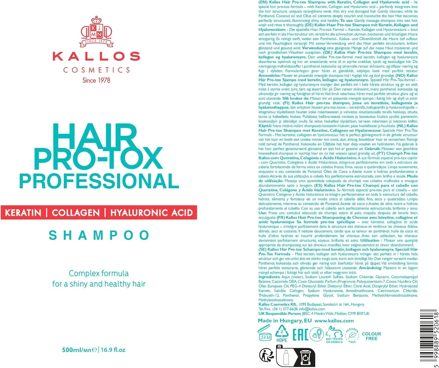 شامپو Kallos KJMN Hair Pro-tox حاوی کراتین، کلاژن و هیالورونیک اسید 500 میلی لیتر