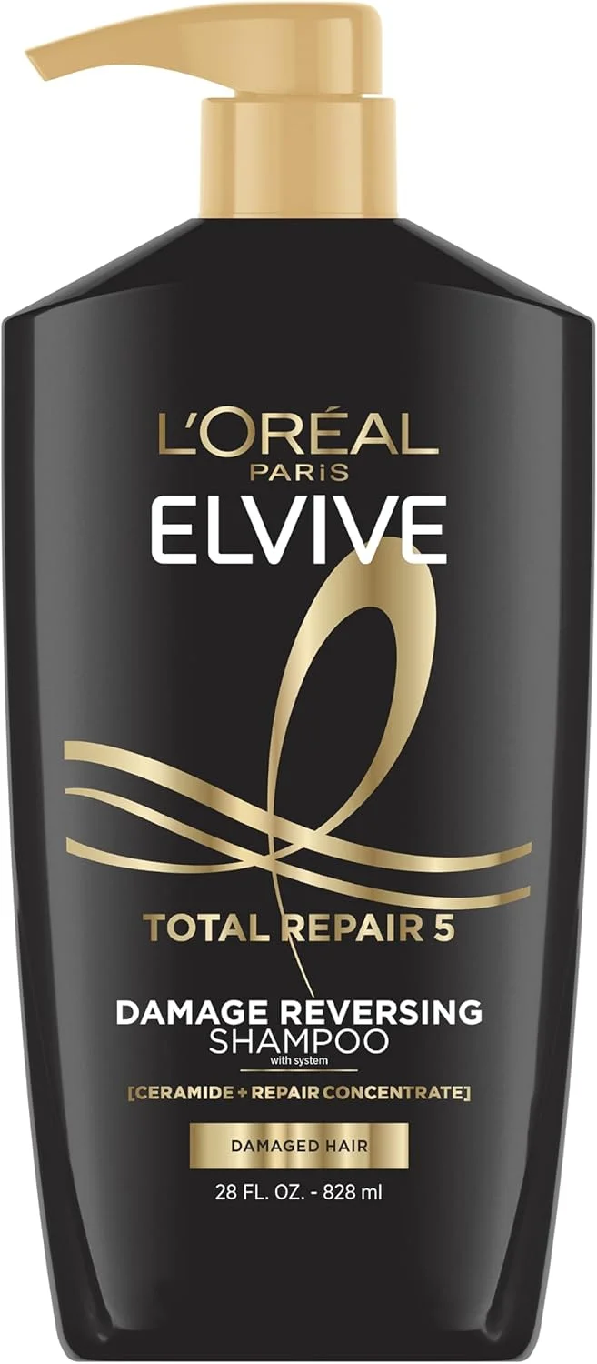 شامپو ترمیم کننده موهای آسیب دیده لورآل پاریس Elvive Total Repair 5 حاوی پروتئین و سرامید برای موهای قوی، ابریشمی، براق، سالم و احیا شده، 828 میلی لیتر