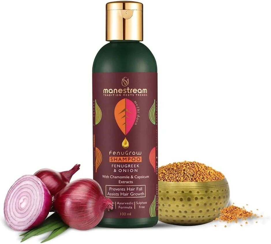 شامپو درمان ریزش موی آیورودیک Manestream Fenugrow برای آقایان و بانوان، حاوی شنبلیله و پیاز، فاقد پارابن، SLS، سولفات و مواد سمی، حاوی مسدود کننده DHT، ۱۰۰ میلی لیتر چند رنگ