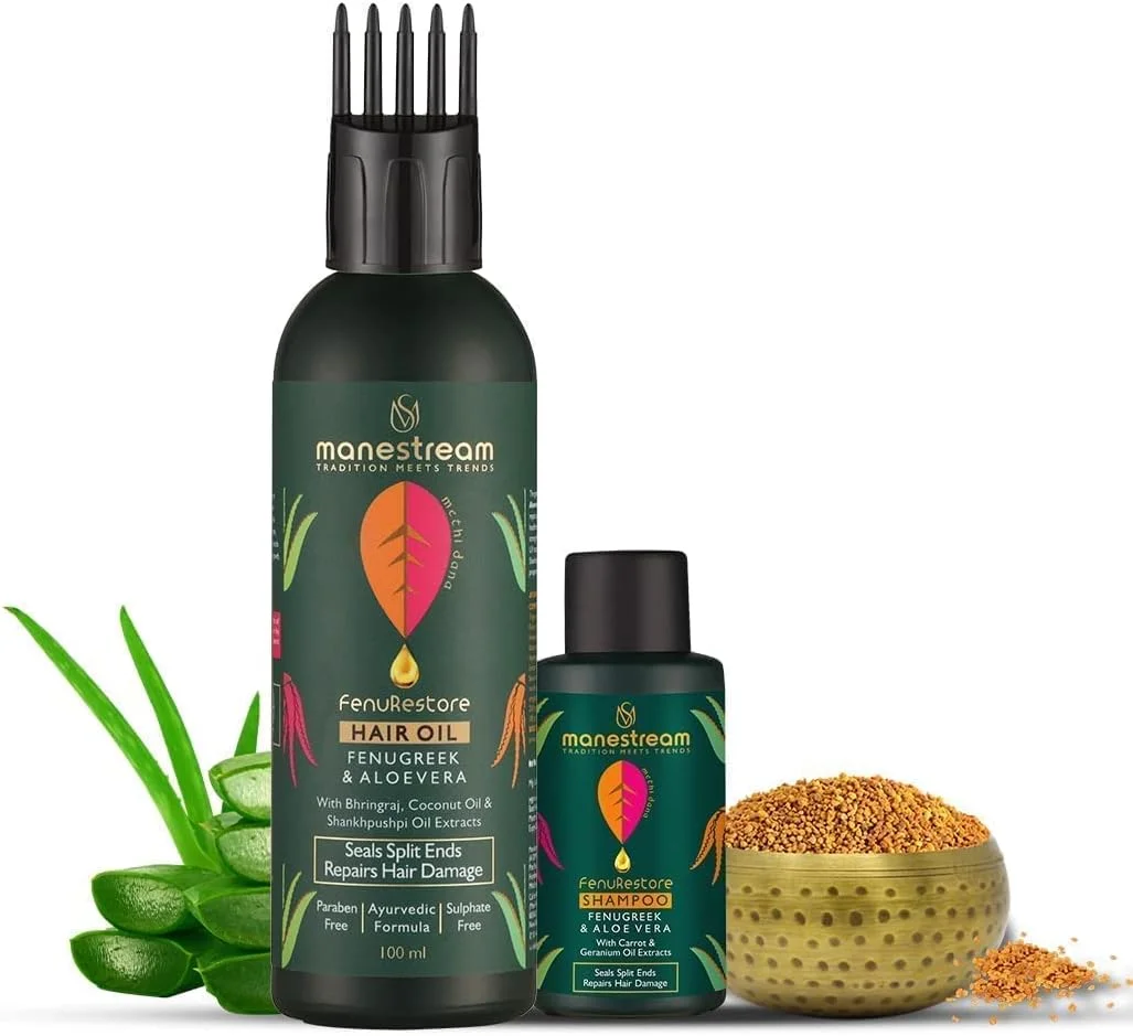 روغن موی آیورودیک Manestream Fenurestore با شنبلیله، برینگراج و آلوئه ورا برای آقایان و بانوان | ترمیم طبیعی موخوره، موهای کدر و آسیب دیده | شامپو مینی 30 میلی لیتری رایگان - بسته 2 عددی