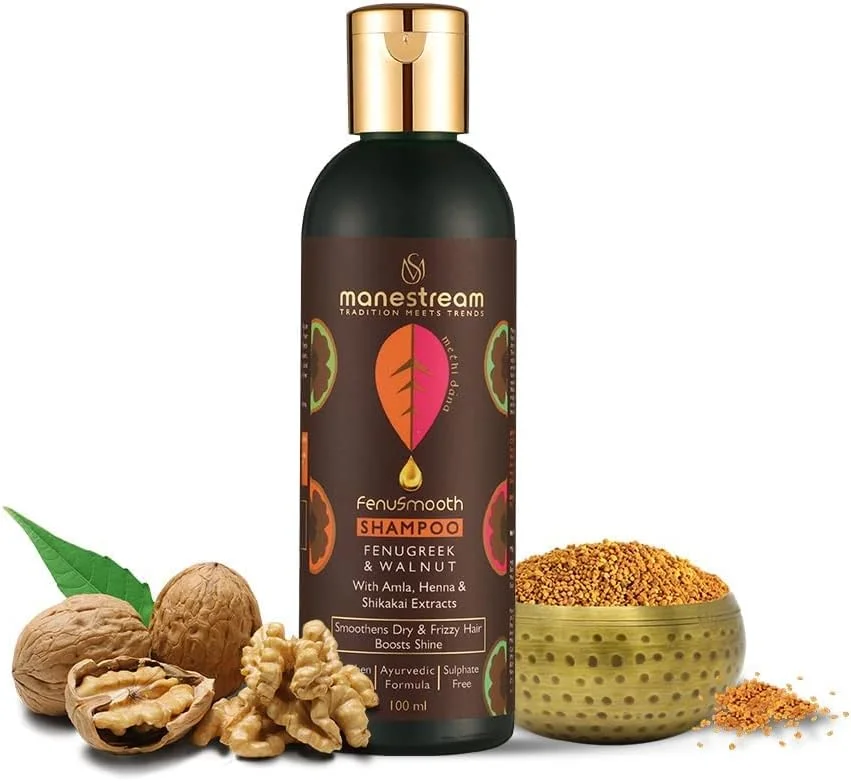 شامپو فنوسموث مانیستریم با شنبلیله و گردو برای موهای خشک، وز و آسیب دیده، درمان آیورودا بدون پارابن و سولفات برای آقایان و بانوان، 100 میلی لیتر