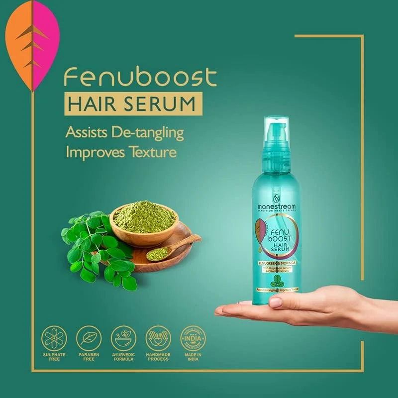 سرم موی آیورودیک Fenuboost Manestream برای آقایان و بانوان حاوی شنبلیله و مورینگا | مناسب موهای آسیب دیده در اثر حرارت و مواد شیمیایی | شامپو مینی ضد شوره Fenucleanse رایگان 30 میلی لیتر - بسته 2 عددی