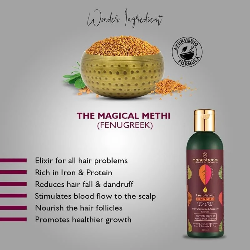شامپو درمان ریزش موی آیورودیک Manestream Fenugrow برای آقایان و بانوان، حاوی شنبلیله و پیاز، فاقد پارابن، SLS، سولفات و مواد سمی، حاوی مسدود کننده DHT، ۱۰۰ میلی لیتر چند رنگ